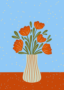 Orange Flowers in Striped Vase
