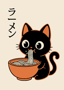 Cute Black Cat Eating Ramen