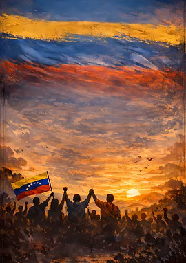 Venezuelan Flag Sunset Crowd Celebration