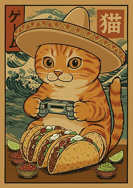 Funny Cat Taco Poster, Gaming Cat Wall Art, Japanese Wave Style Illustration Print