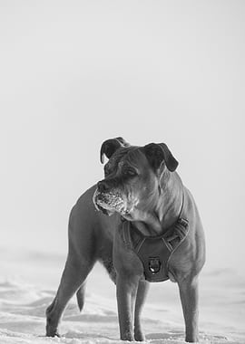 Lewis dans la neige en noir et blanc