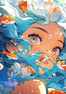 Anime Girl with Goldfish in Water