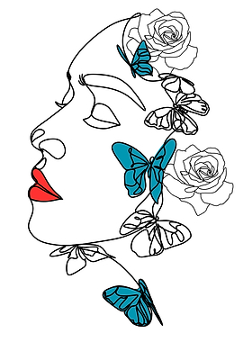 Elegant Minimalist Line Art Woman Face with Blue Butterflies and Roses - Aesthetic Floral Boho Decor