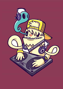 Cartoon DJ with Turntable and Headphones