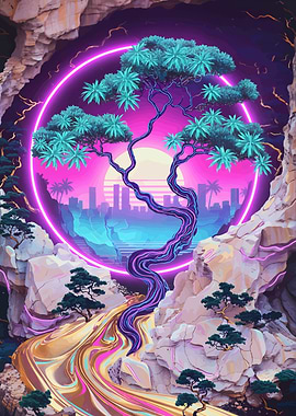 Synthwave Bonsai Tree Landscape
