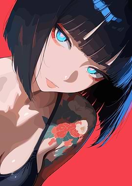 Anime Girl with Tattoo and Blue Eyes