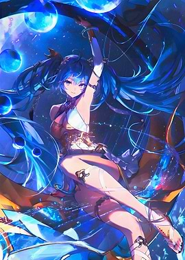 Anime Girl with Blue Hair and Orbs