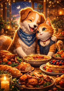 Festive Feast with Dog and Cat