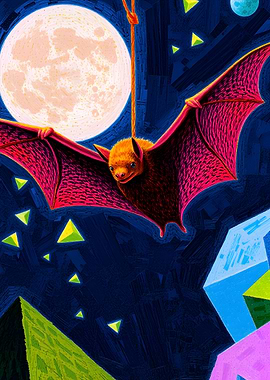 Hanging Bat with Moon and Stars