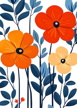 Floral Illustration with Orange and Blue