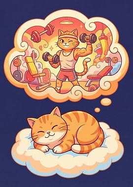Dreaming Cat Gymnast Cartoon Illustration