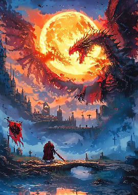 Pixel Art of Knight vs Dragon