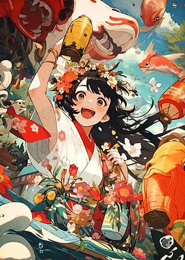 Anime Girl with Lantern and Koi