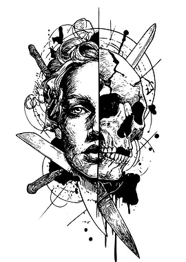 Human Face and Skull Illustration