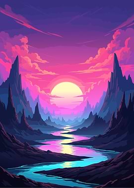 Vaporwave Landscape with River and Mountains