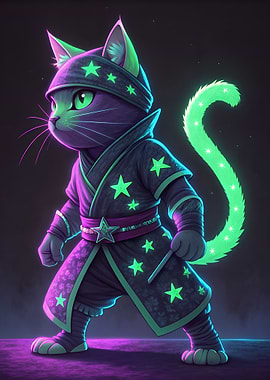 Neon Cat Wizard with Glowing Tail