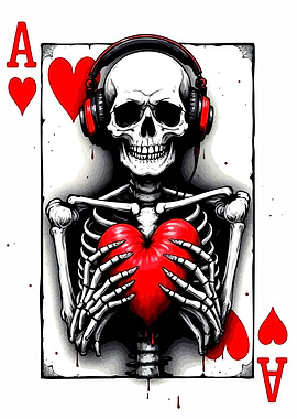 Ace of Hearts Skeleton with Headphones
