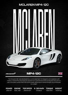 McLaren MP4-12C White Car Poster