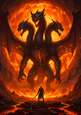 Three-Headed Dragon Confrontation in Fiery Landscape