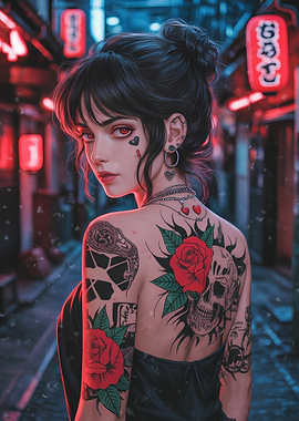 Tattooed Woman in Japanese Street