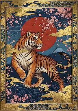 Tiger with Cherry Blossoms and Sun