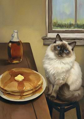 Cat with Pancakes and Maple Syrup