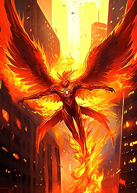 Fiery Phoenix in Cityscape