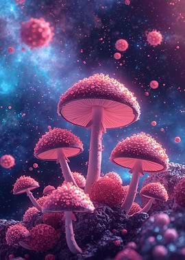 Surreal Pink Mushrooms in Cosmic Landscape