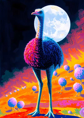 Colorful Ostrich Under the Moon