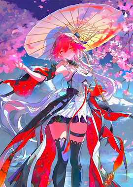 Anime Girl with Parasol in Cherry Blossoms