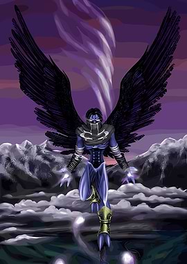 Winged Figure in Fantasy Landscape