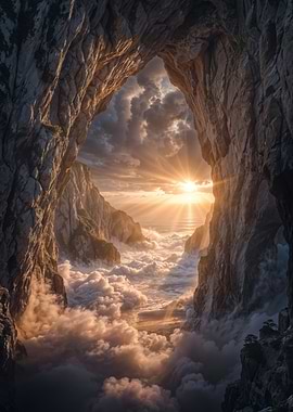 Mountain Cave View with Clouds and Sun