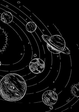 Solar System Black and White Illustration