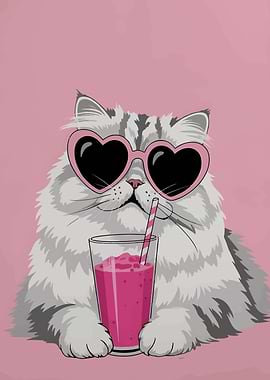 Cat with Heart Sunglasses and Smoothie