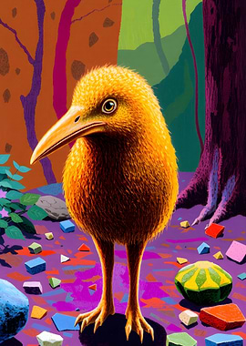Stylized Kiwi Bird in Colorful Forest