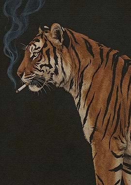 Smoking Tiger Portrait on Black Background
