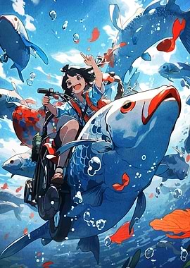 Girl riding fish motorcycle in ocean