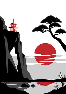 Japanese Landscape with Pagoda and Sun