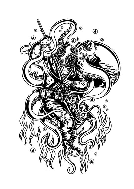 Diver and Octopus Black and White Art