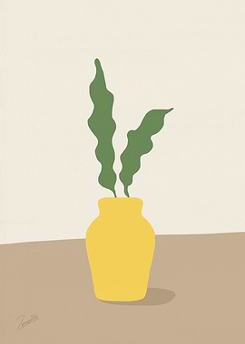 Yellow Vase with Green Leaves