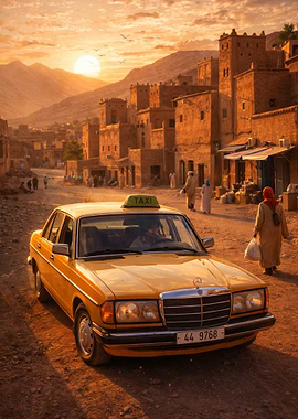 Golden Hour Moroccan Taxi Journey Through a Traditional Desert Village