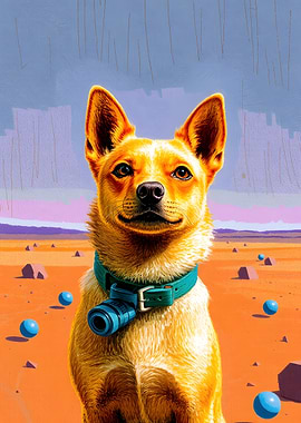 Dog with Collar in Desert Landscape