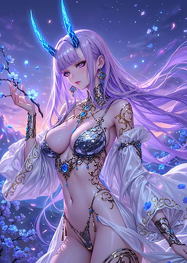 Anime Girl with Horns and Flowers