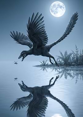 Archaeopteryx hunting in a lake
