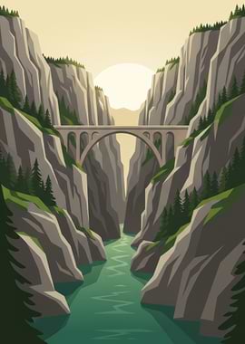 Mountain Canyon Bridge Landscape Illustration