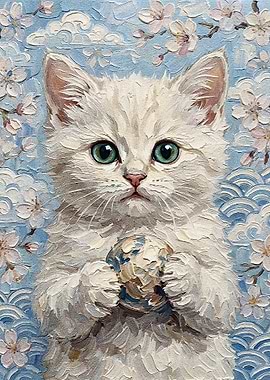 White Kitten with Ball Painting