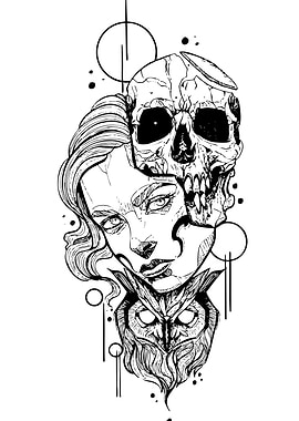 Woman, Skull, and Owl Ink Drawing