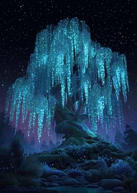 Glowing Willow Tree at Night
