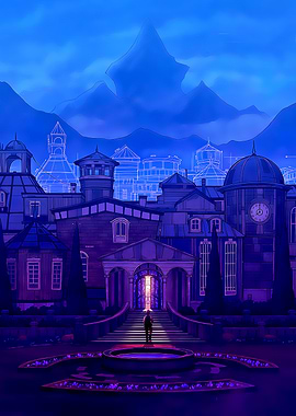 Blue Mansion with Figure and Mountains