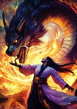 Man and Dragon in Fiery Encounter